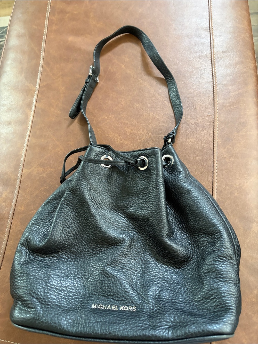 Michael Kors Black Pebbled Leather Drawstring Shoulder Tote